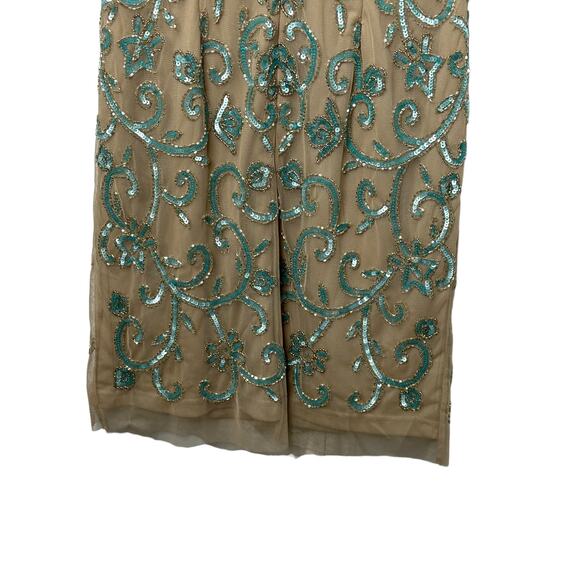 Aidan Matton Sheer Illusion Teal Sequin Gold Beaded Sleeveless Dress Womens Sz 2 - Picture 4 of 13